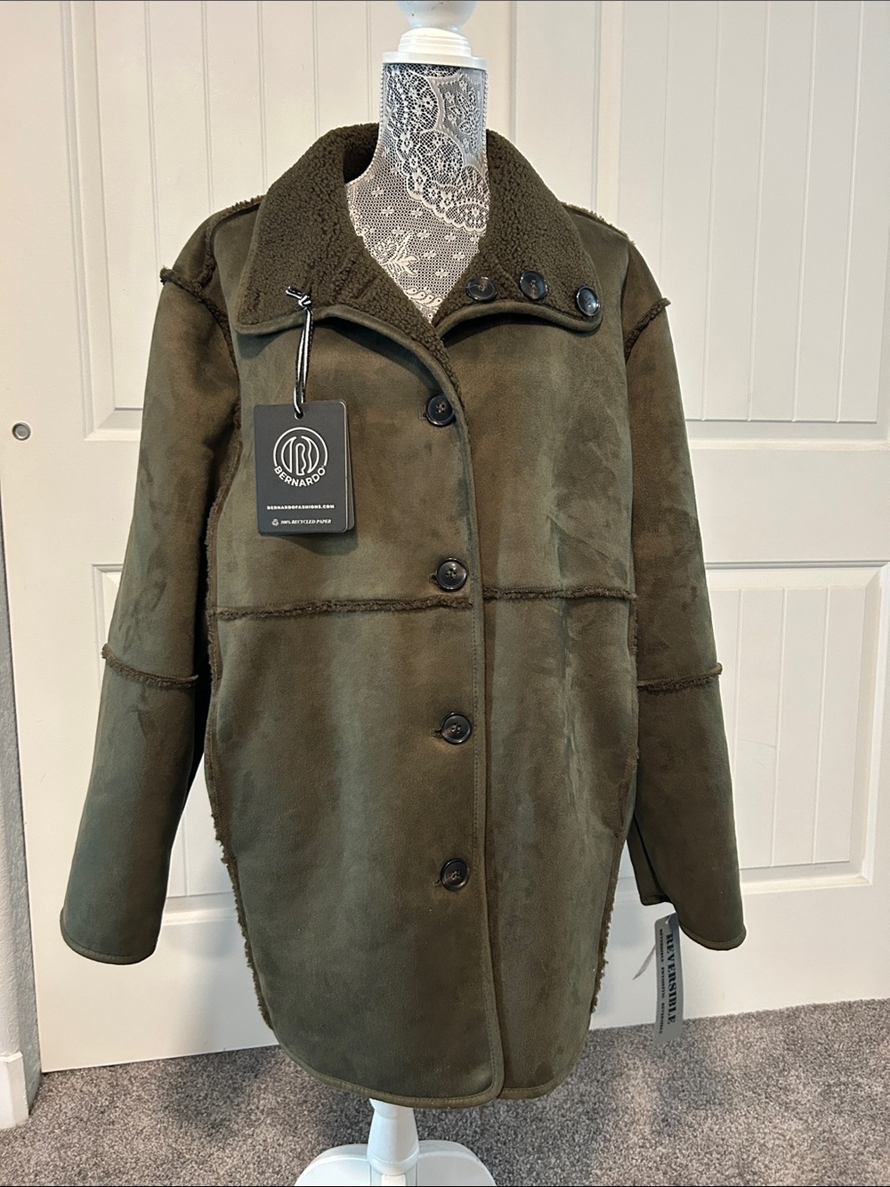 Bernardo Olive Green Faux Shearling Button-Front Teddy Coat XL